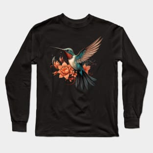 Colorful Hummingbird & Flower Illustration Long Sleeve T-Shirt